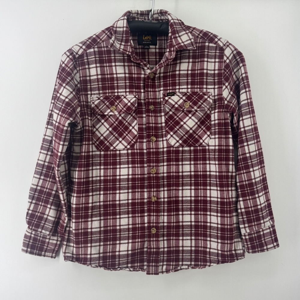 Lee Mens Regular Fit Plaid Button Down Shirt Burgundy White Small